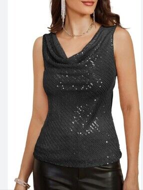 Adrienne Vittadini Black Sequin Cowl Neck Tank Top Blouse Size L